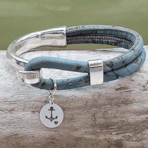 Anchor Circle Charm Sterling Silver Cork Bracelet
